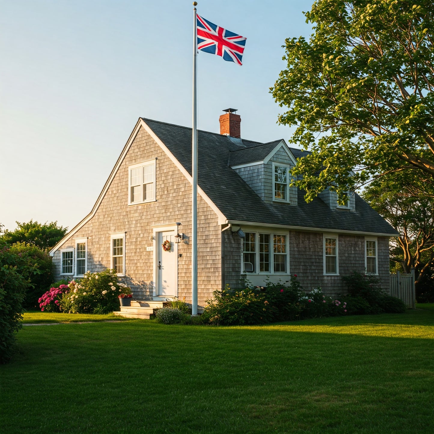 British flag flying on residential flagpole in front of shingle-style house