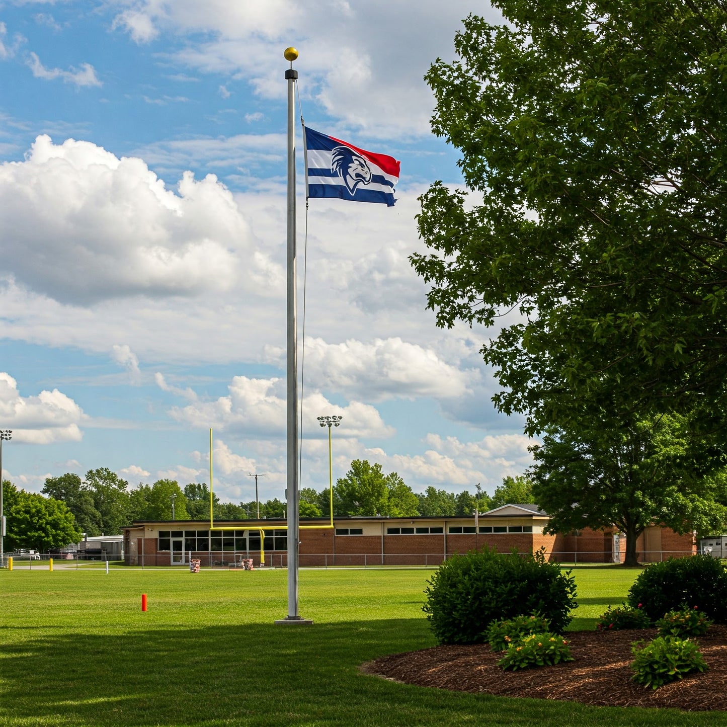 Custom school flag flying on commercial flagpole in front of school athletic field