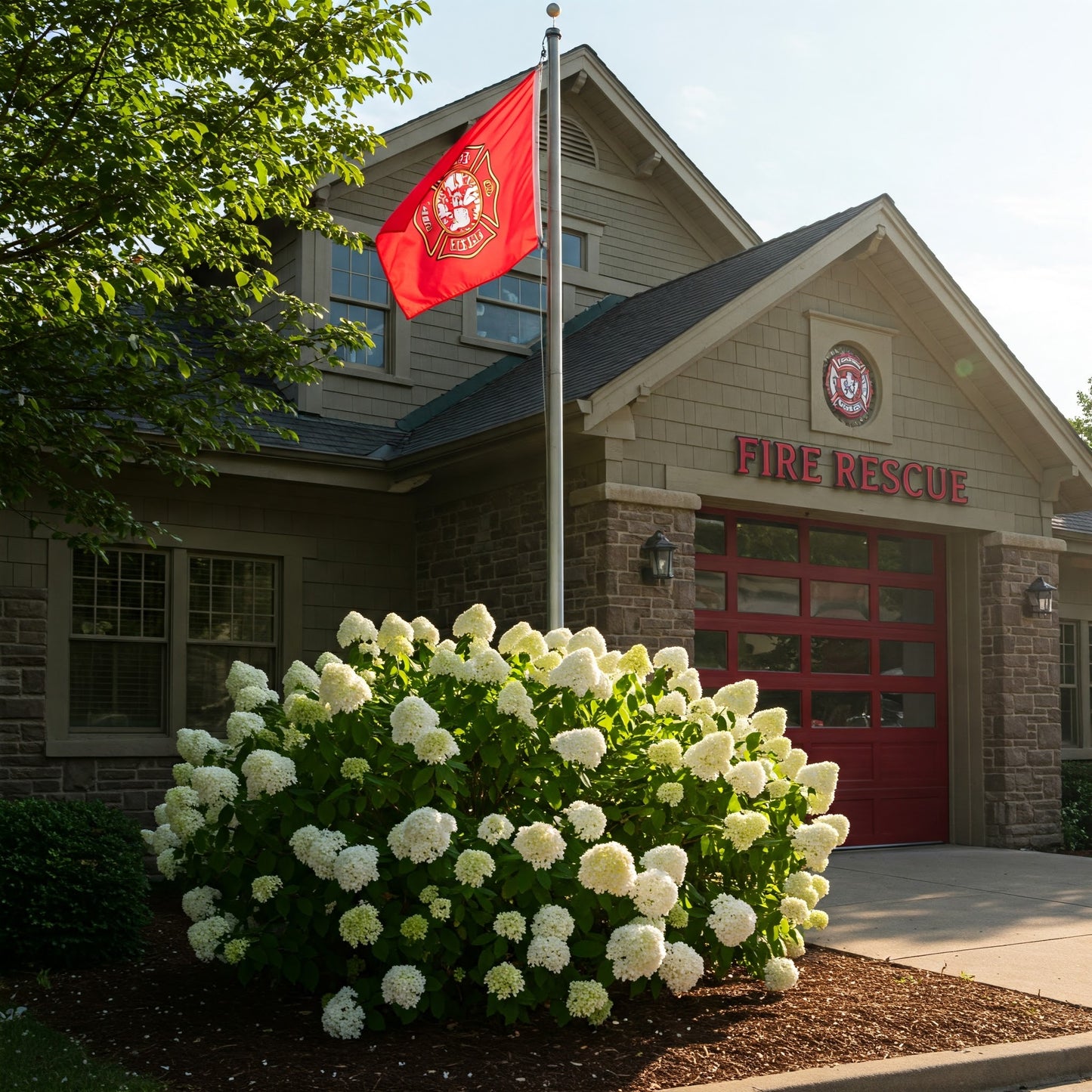 Firefighter civilian service flag displayed in front of fire station