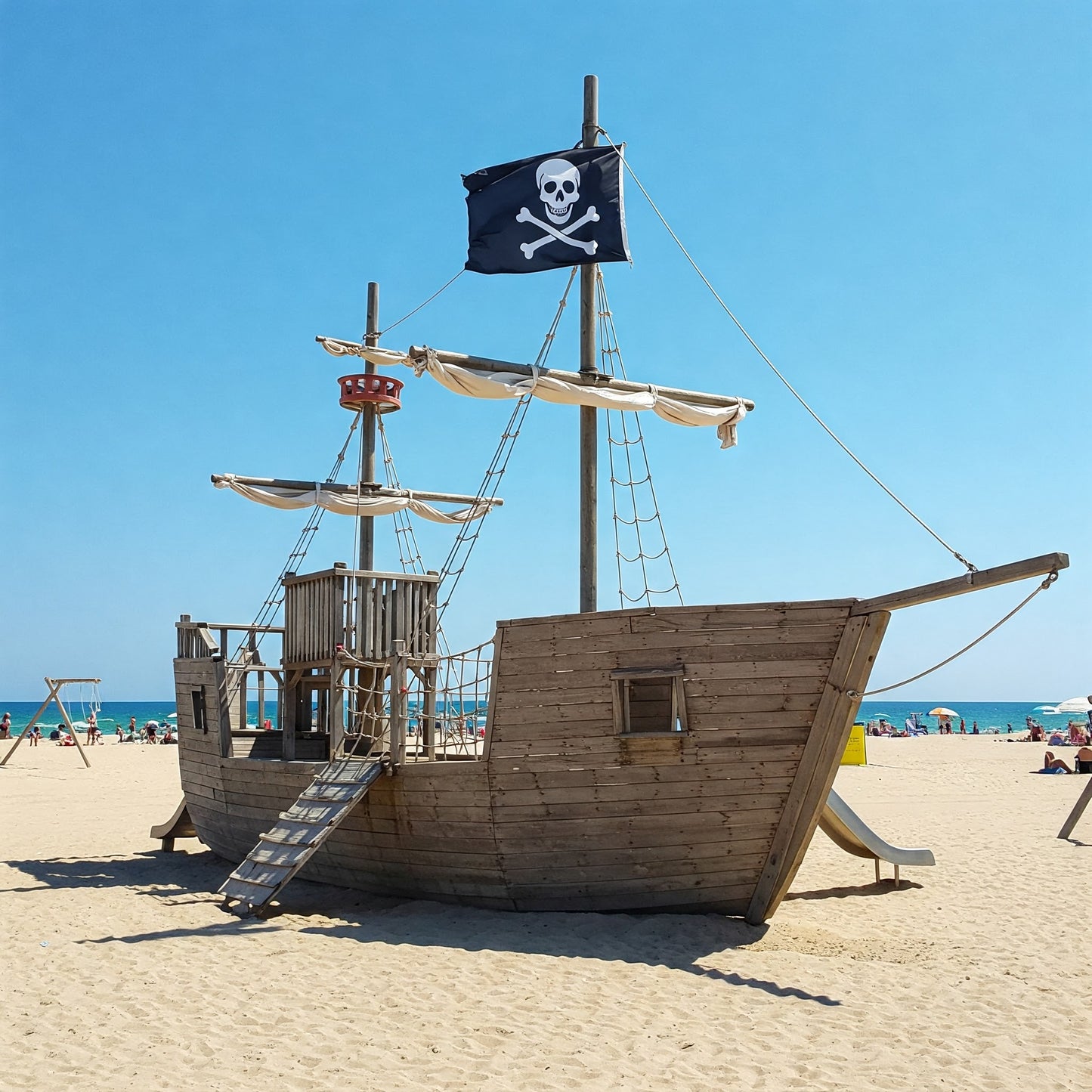 Pirate flag flying on wooden pirate ship playground located on the beach