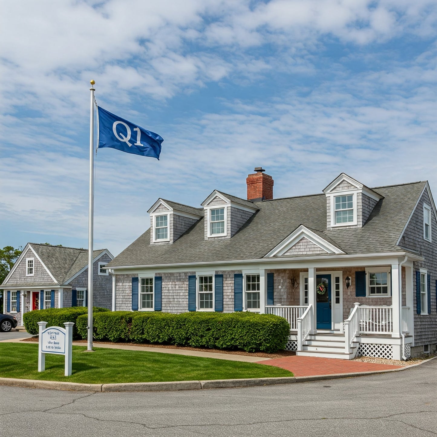 Q1 Blue ISO flag flying on commercial flagpole in front of local business