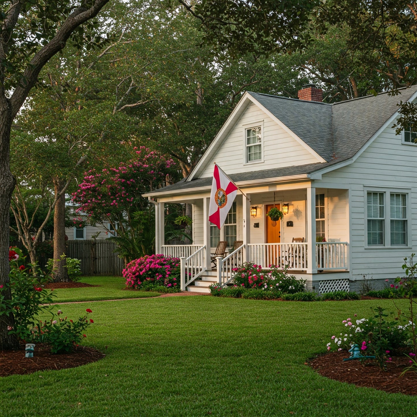 State of Florida flag on residential flagpole in front of Craftsman-style house