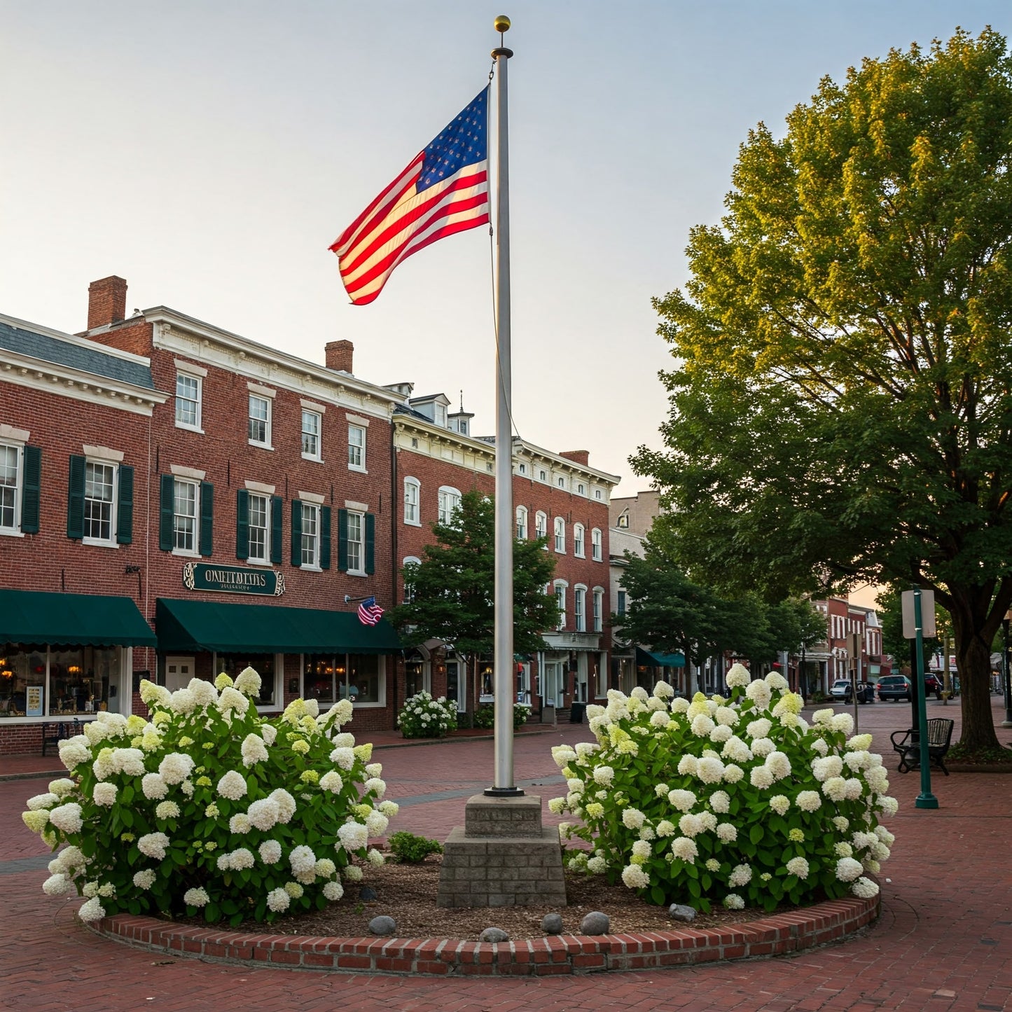 American flag flying on commercial flagpole in a town square setting