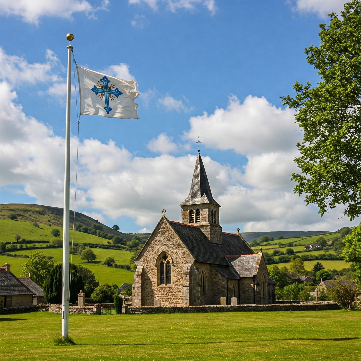 Christian cross flag flying in front of scenic countryside church