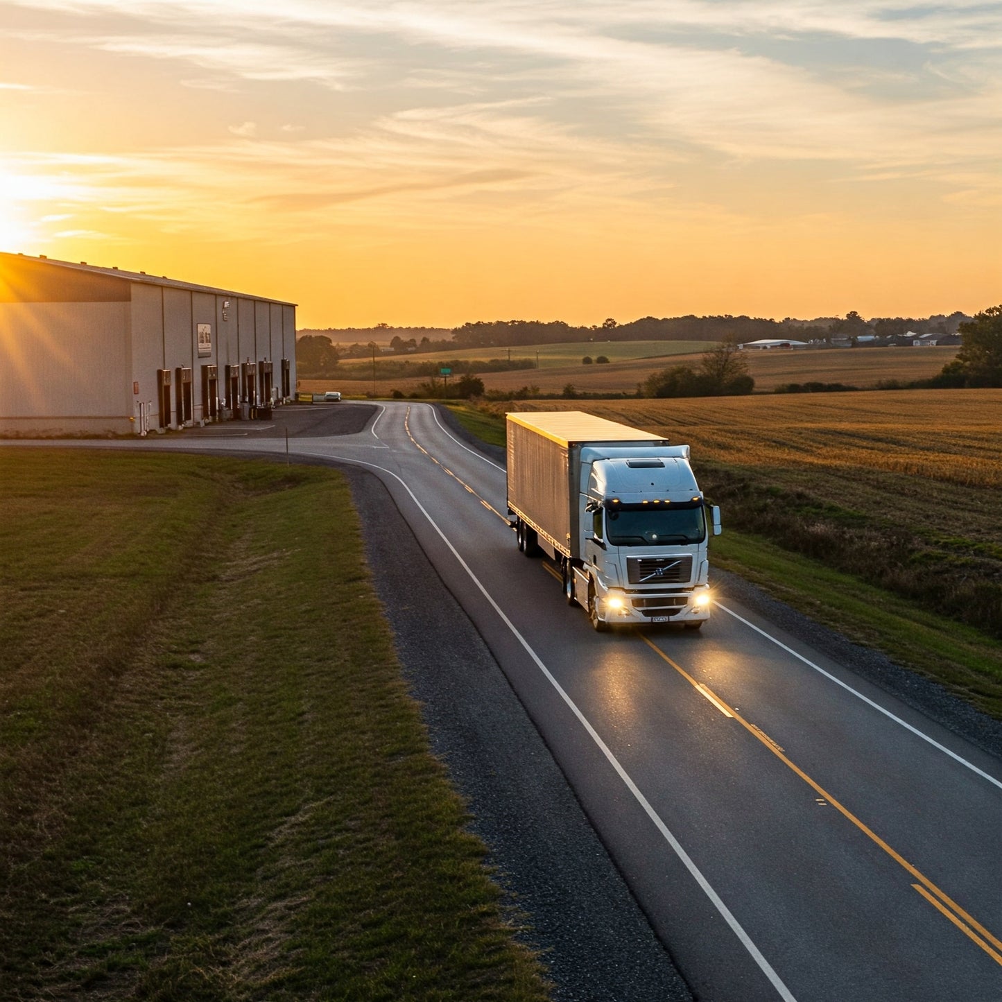 Flagpole delivery truck leaving warehouse at sunset loaded with flagpoles