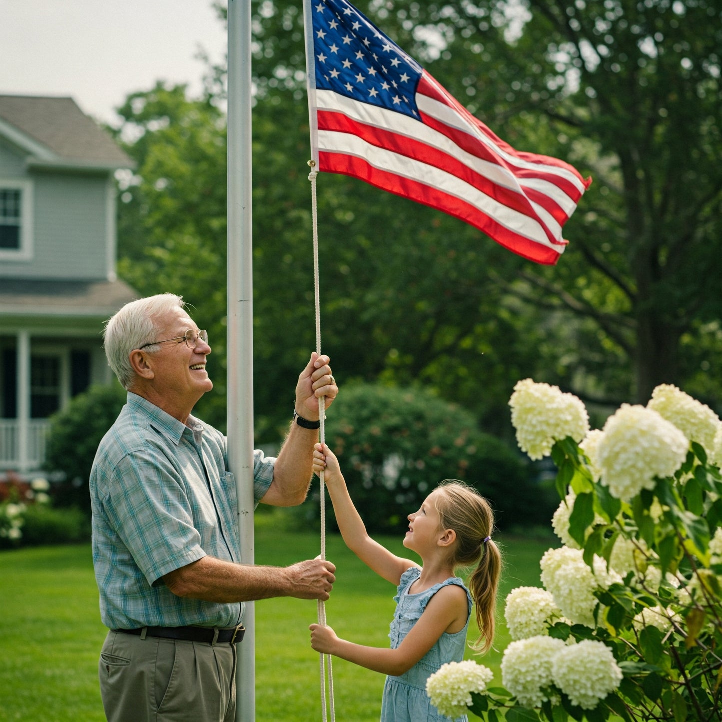 Grandfather and granddaughter raising an American flag together in front yard